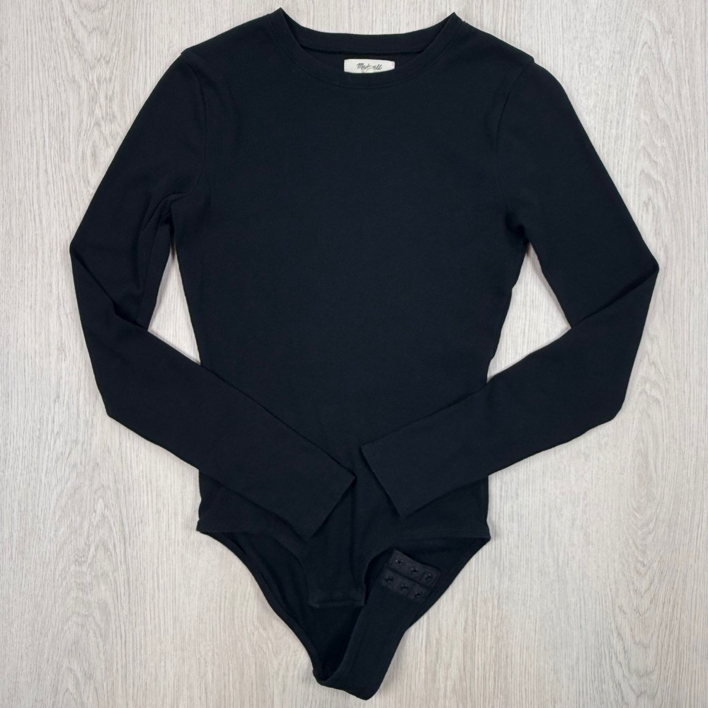Bodysuit Madewell Women Small Black Ribbed Long Sleeve Crew Neck Stretch Basic